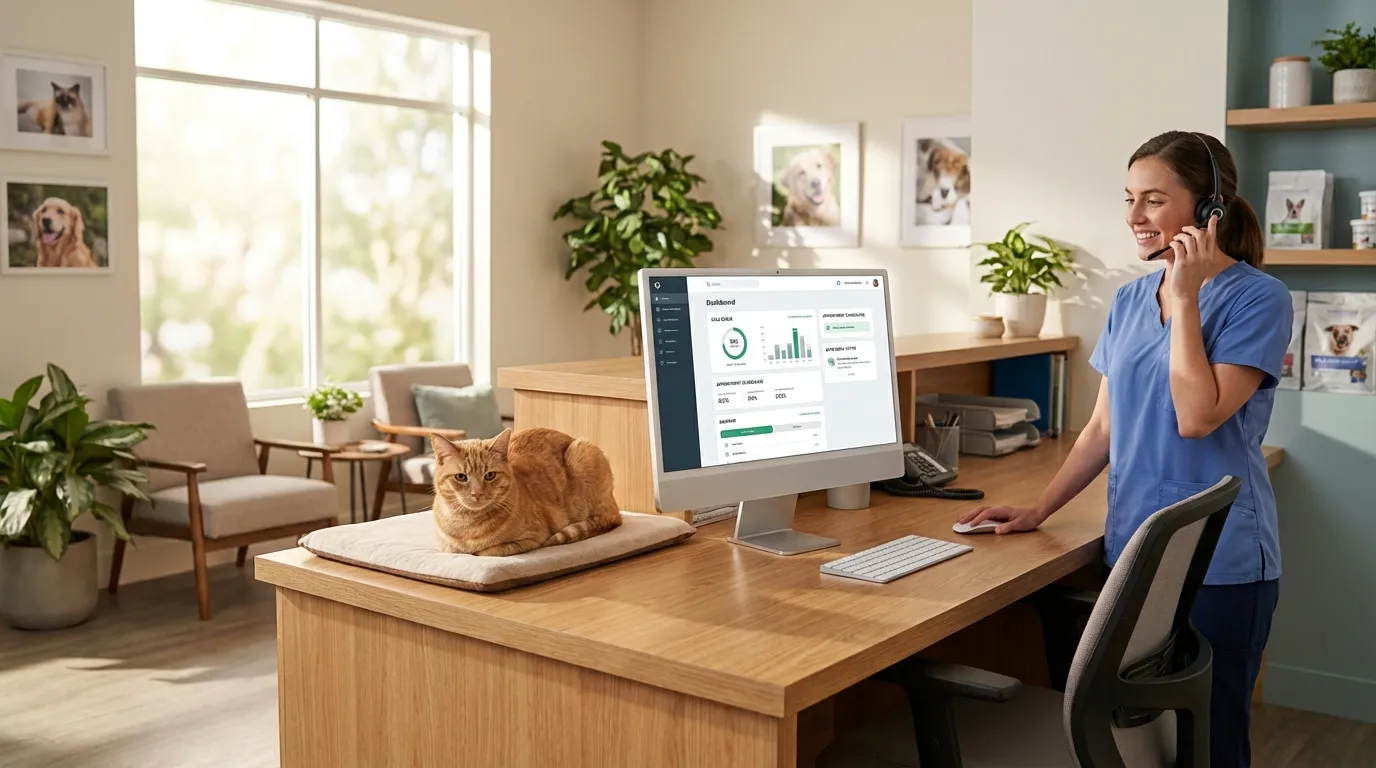 Réception d'un cabinet vétérinaire moderne avec un écran affichant les appels gérés automatiquement