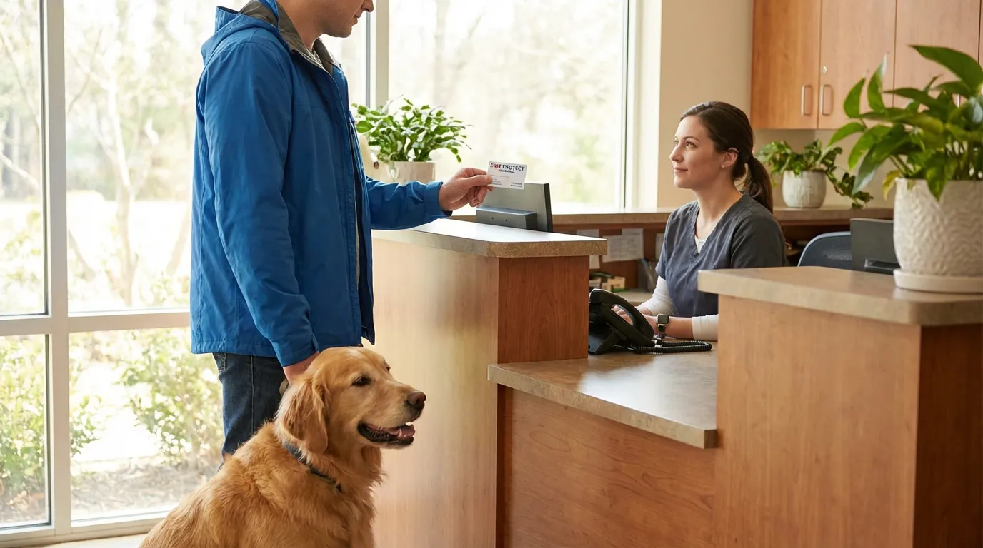 Propriétaire présentant une carte d'assurance animale à l'accueil d'un cabinet vétérinaire