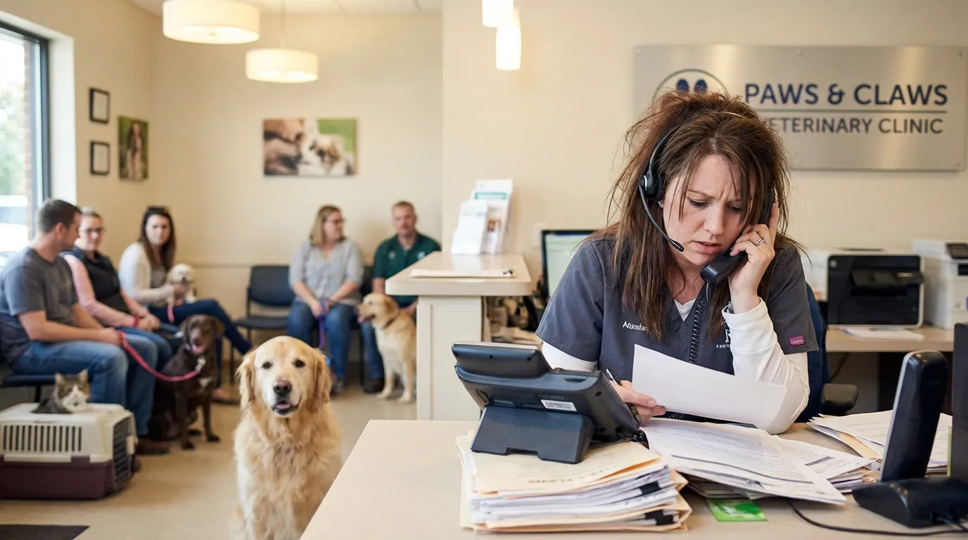 ASV au comptoir d'un cabinet vétérinaire gérant plusieurs appels téléphoniques