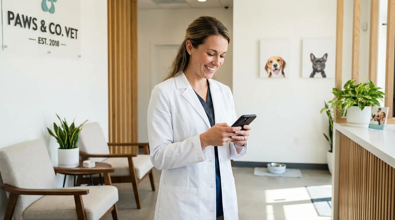 Vétérinaire en blouse blanche souriant en consultant son téléphone dans la salle d'attente d'une clinique vétérinaire moderne