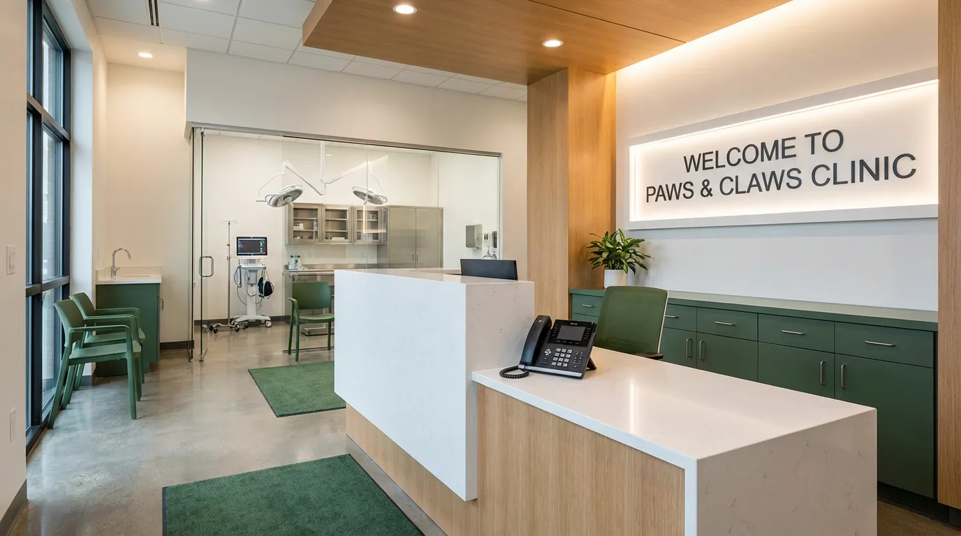 Réception moderne d'un cabinet vétérinaire avec téléphone de bureau