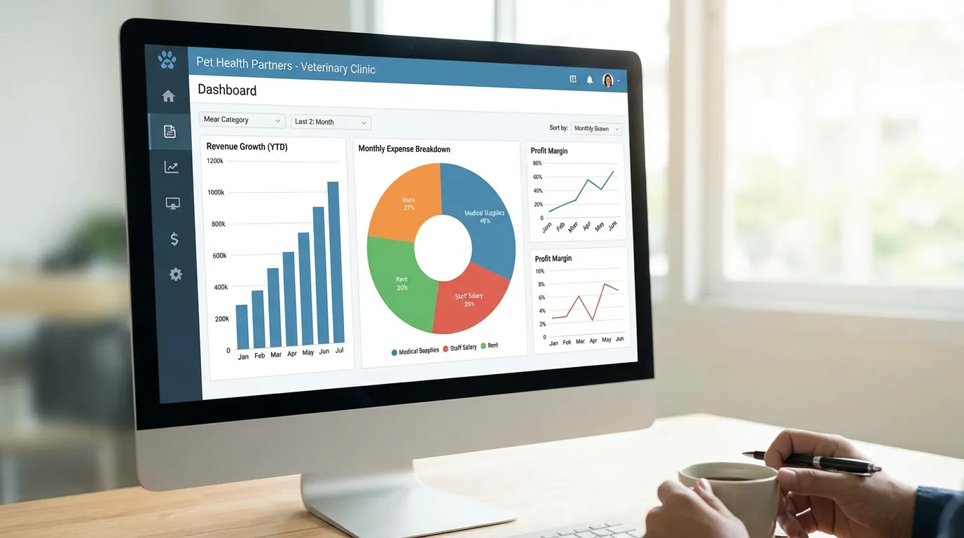 Tableau de bord financier d'un cabinet vétérinaire avec graphiques de charges