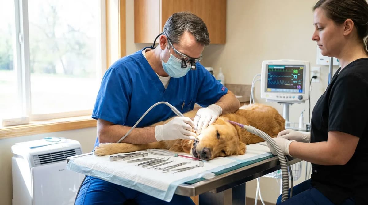 Vétérinaire réalisant un détartrage sur un chien anesthésié avec matériel spécialisé