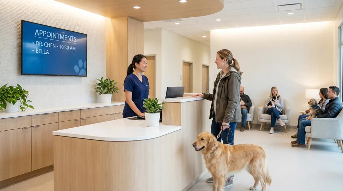 Accueil chaleureux d'un cabinet vétérinaire moderne avec une ASV souriante et un écran de gestion