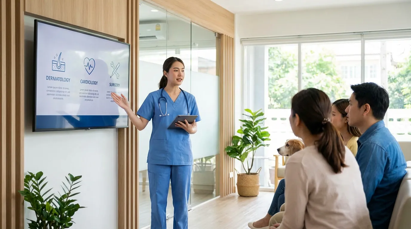 Vétérinaire présentant différents services sur un écran dans une clinique moderne