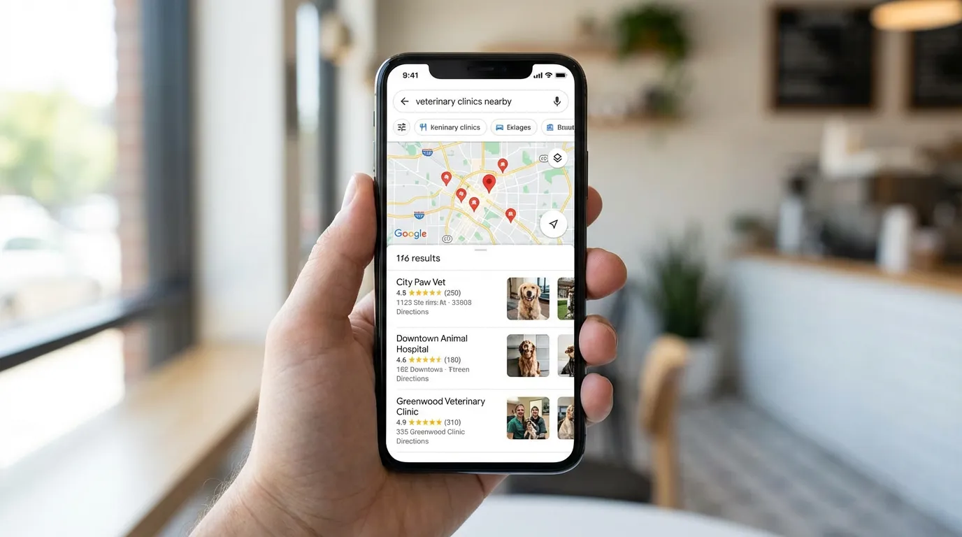 Résultats Google Maps affichant des cabinets vétérinaires avec notes et avis
