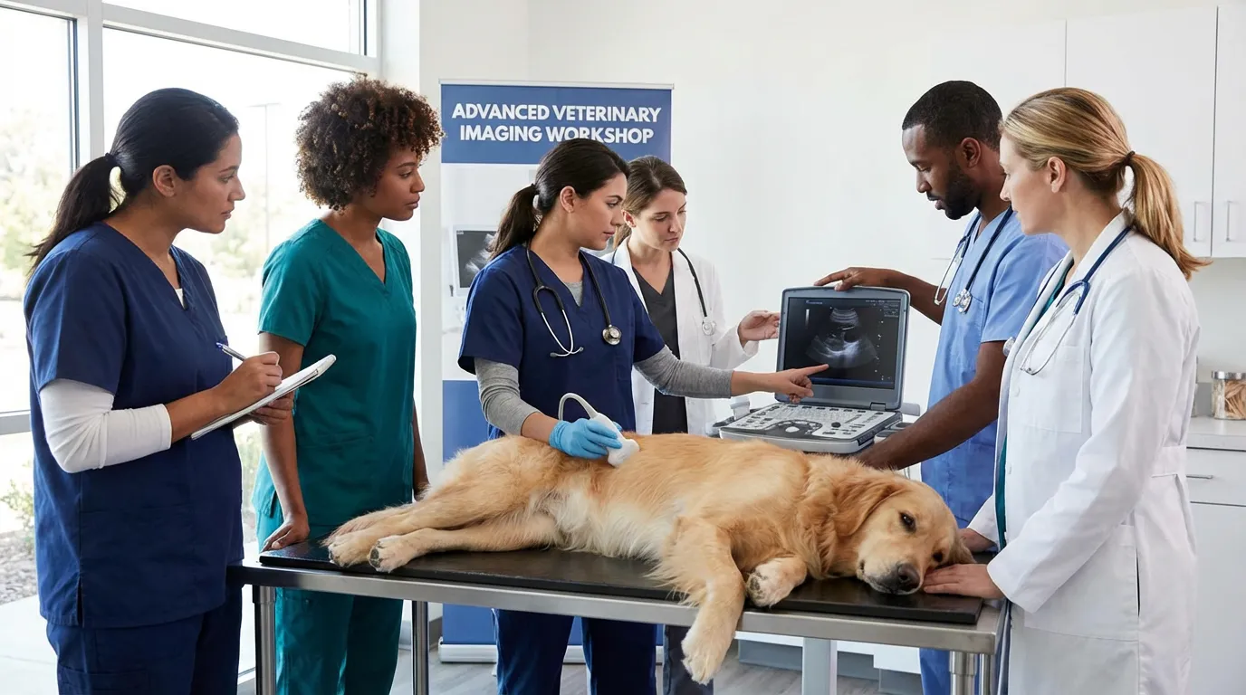 Vétérinaires en formation pratique avec un échographe dans une salle de cours