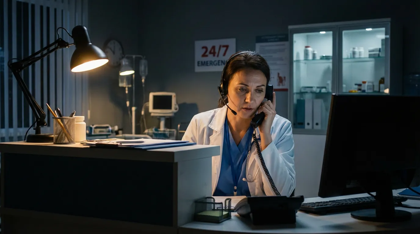 Vétérinaire en garde de nuit répondant au téléphone dans un cabinet éclairé