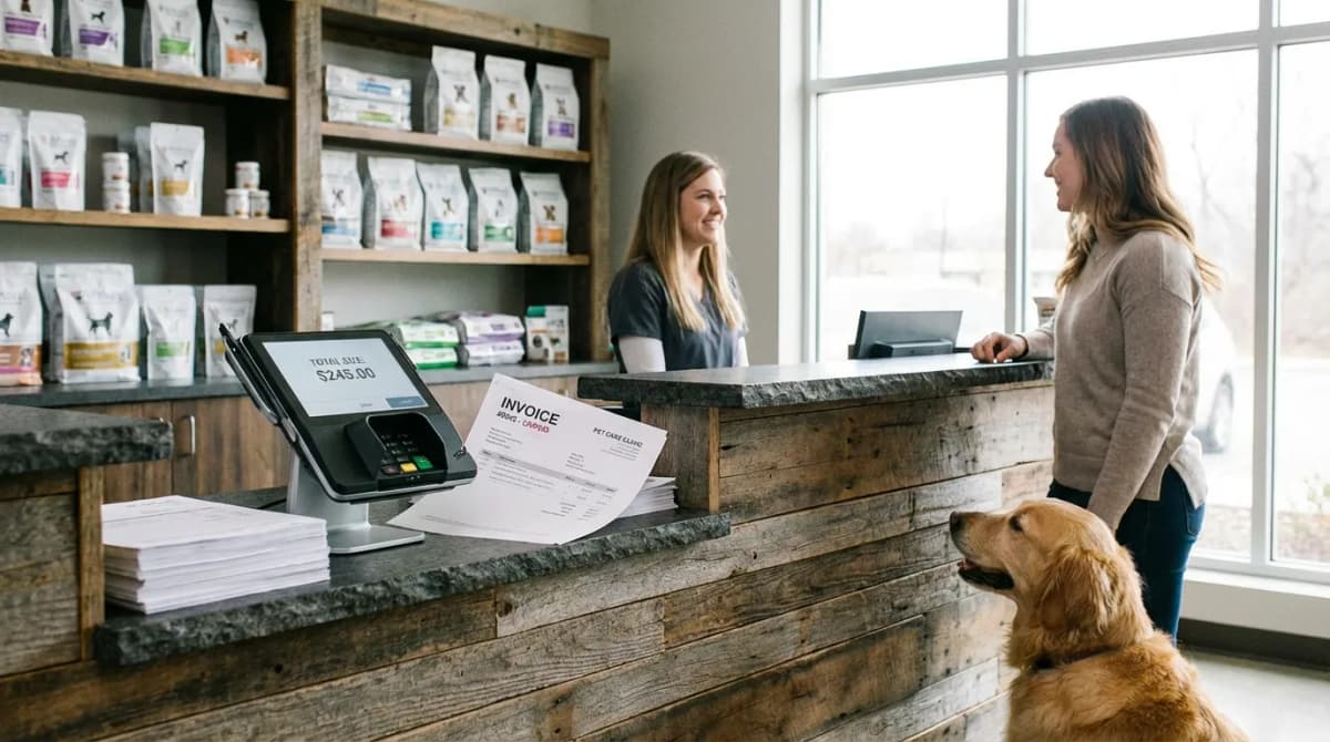 Comptoir de cabinet vétérinaire avec terminal de paiement et facture en attente