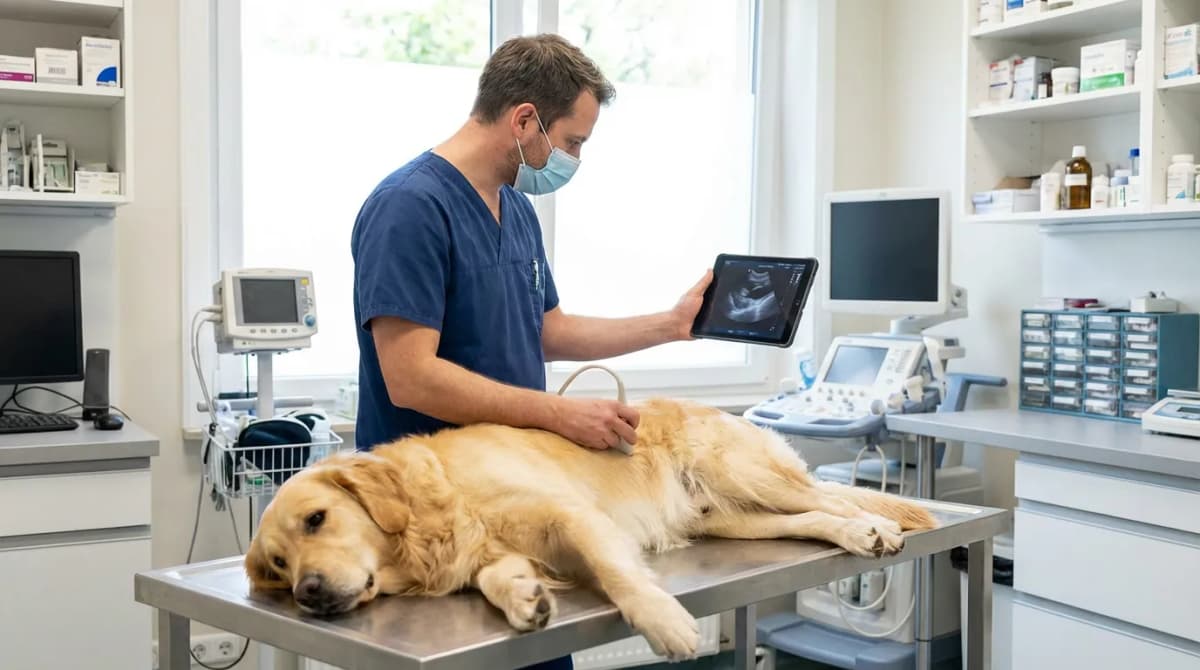 Vétérinaire utilisant un échographe moderne sur un chien dans une salle d'examen