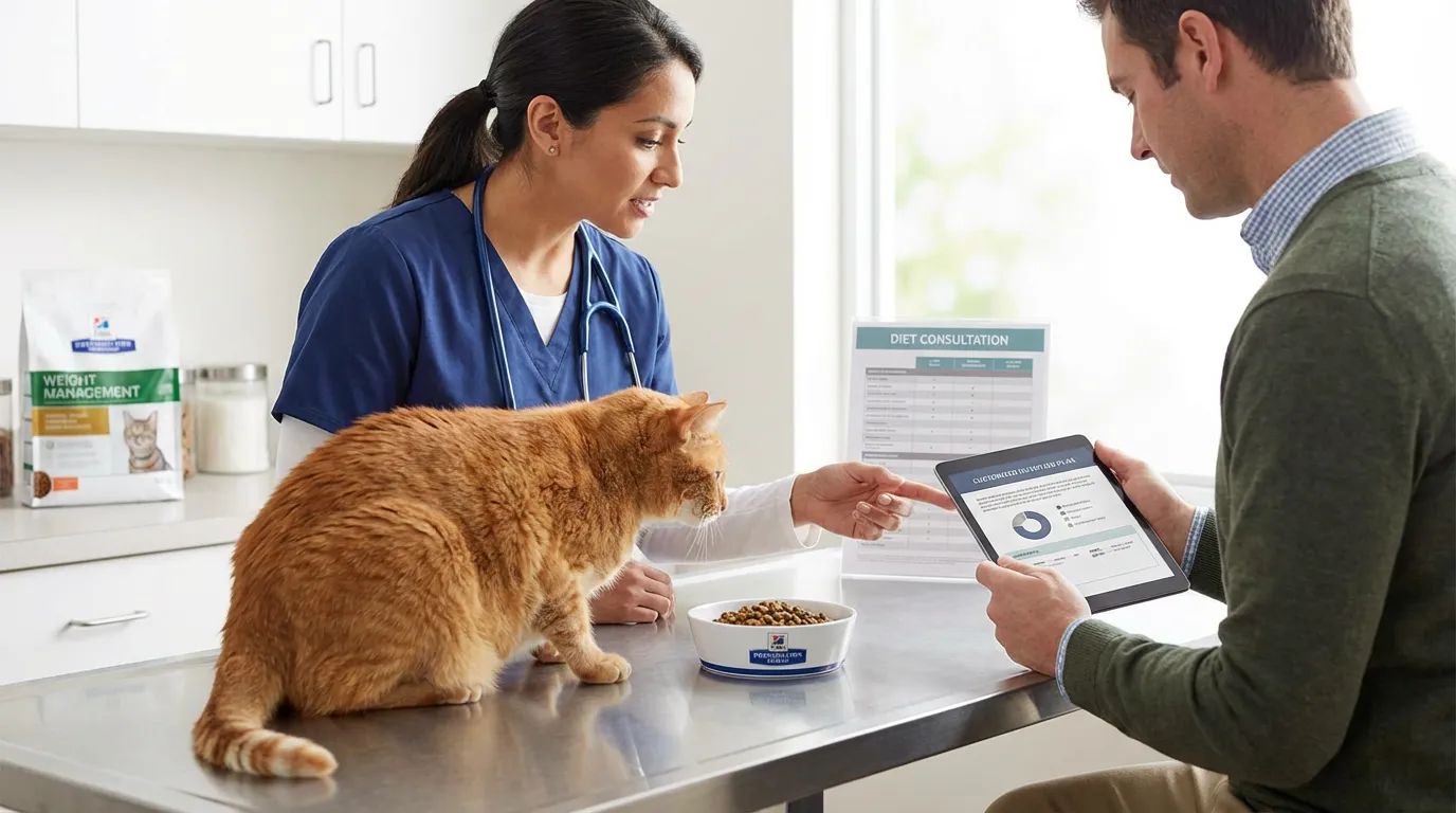 Vétérinaire expliquant un programme nutritionnel à un propriétaire avec un chat en surpoids