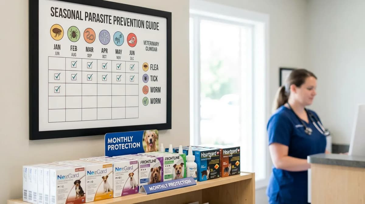 Calendrier saisonnier des parasites affiché dans un cabinet vétérinaire avec produits antiparasitaires