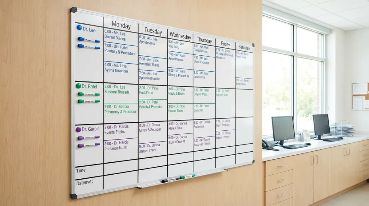 Planning hebdomadaire affiché dans une clinique vétérinaire avec codes couleur par praticien