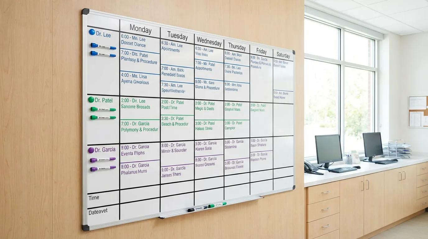 Planning hebdomadaire affiché dans une clinique vétérinaire avec codes couleur par praticien