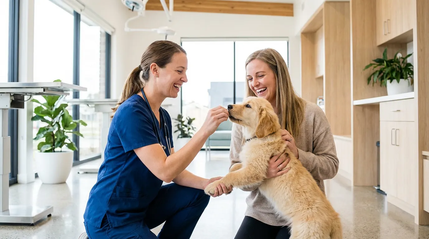Vétérinaire accueillant un chiot avec son propriétaire souriant lors de la première consultation