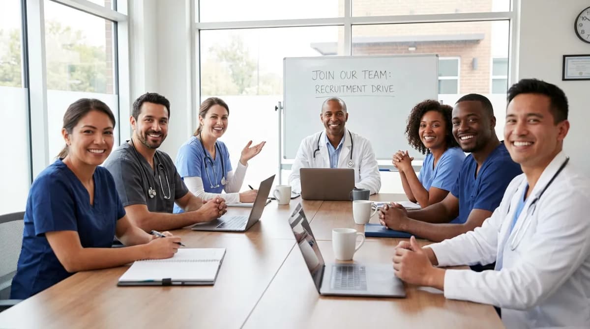 Équipe vétérinaire souriante en réunion dans une clinique moderne