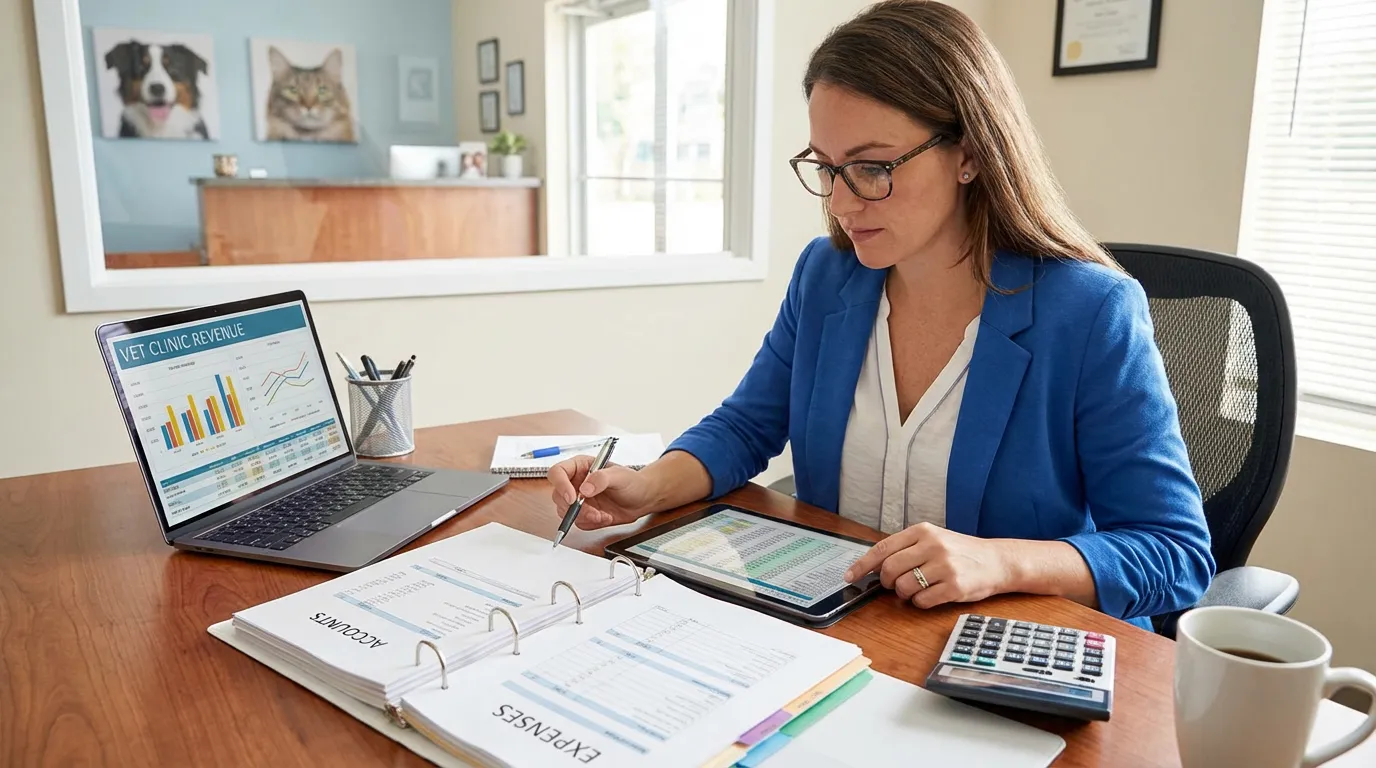 Vétérinaire analysant les comptes de son cabinet avec des dossiers et un ordinateur