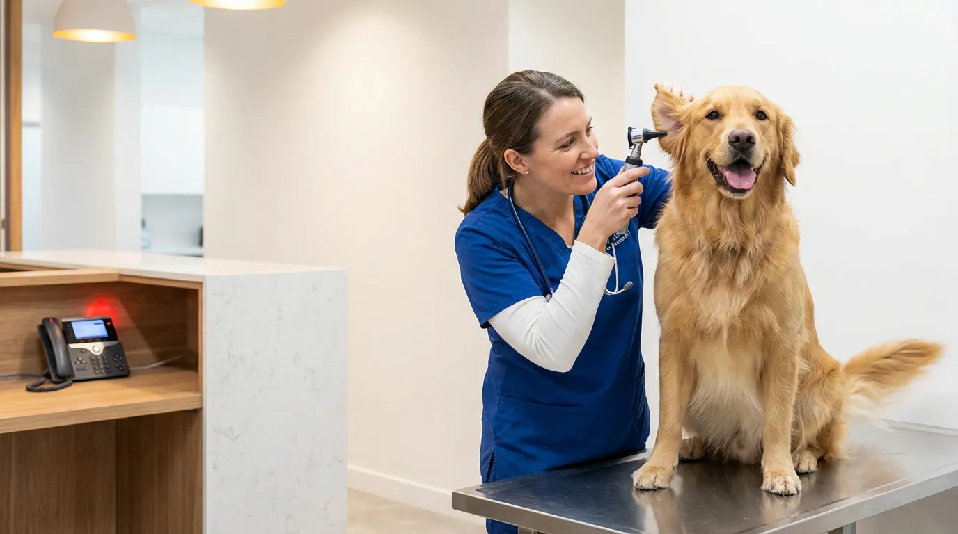 Vétérinaire en consultation avec un chien pendant qu'un téléphone sonne à l'accueil