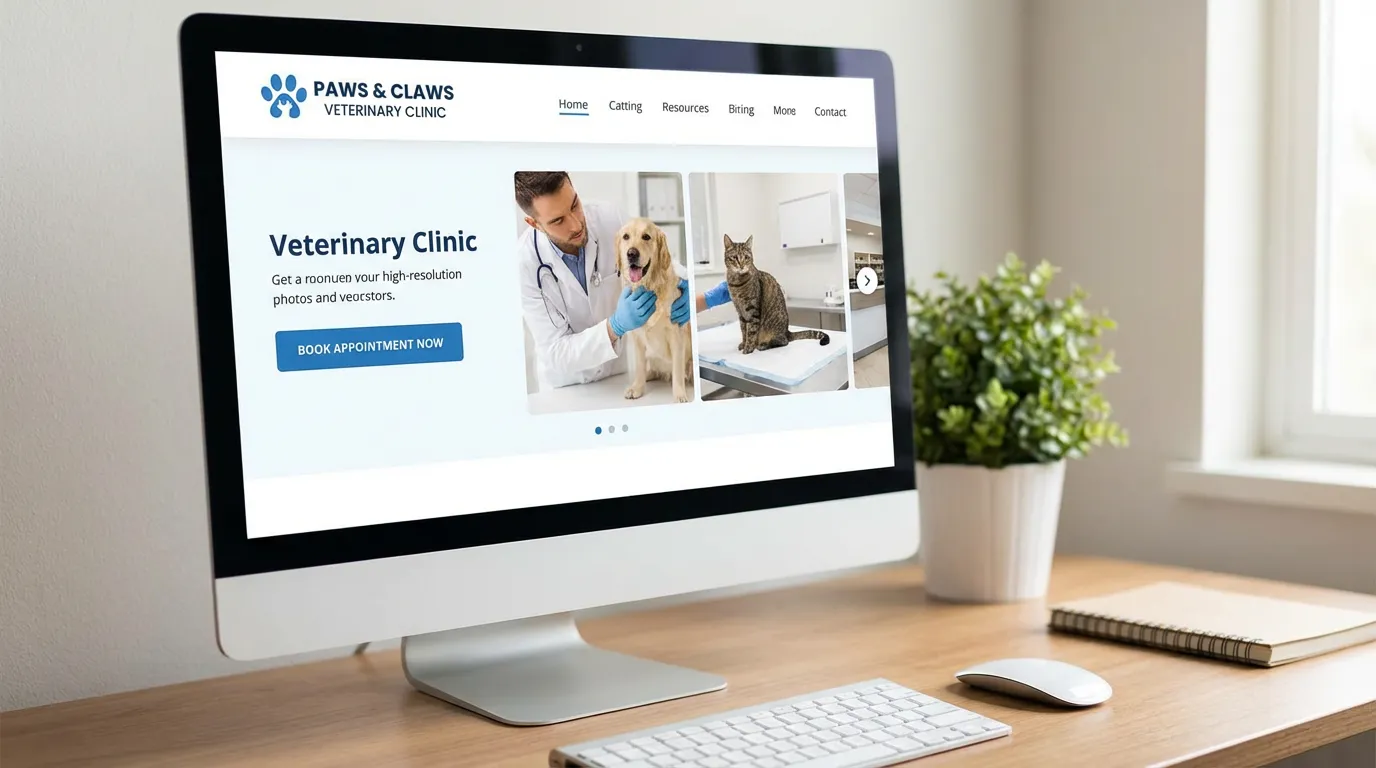 Écran d'ordinateur affichant un site web de cabinet vétérinaire avec bouton de prise de rendez-vous