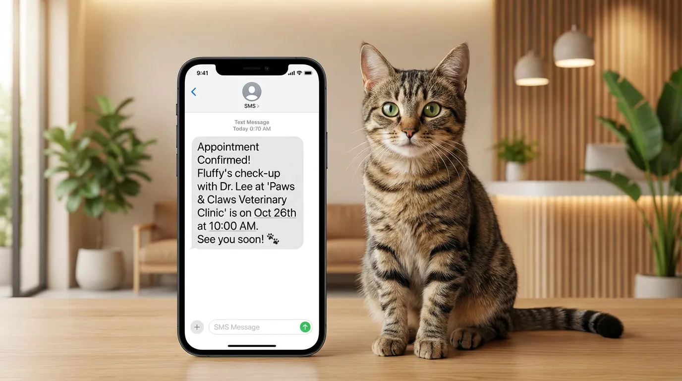 Smartphone affichant un SMS de confirmation de rendez-vous vétérinaire avec un chat