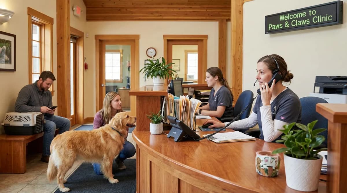 Accueil d'un cabinet vétérinaire avec téléphone qui sonne et ASV occupée