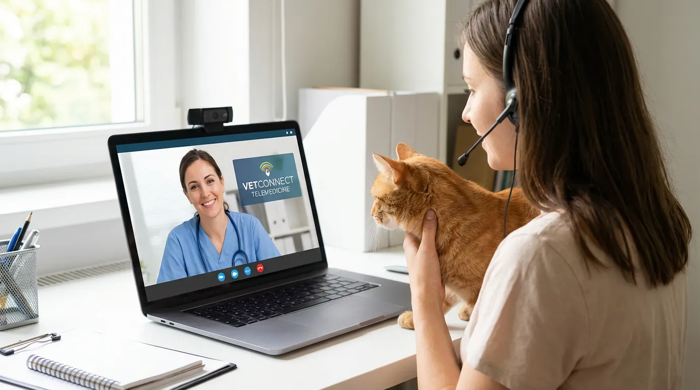 Vétérinaire en téléconsultation vidéo avec un propriétaire montrant son chat