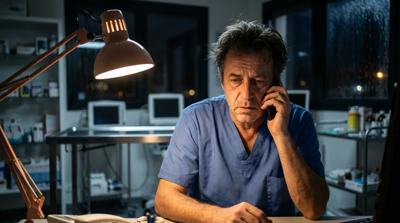 Vétérinaire prenant un appel d'urgence la nuit, fatigué mais professionnel
