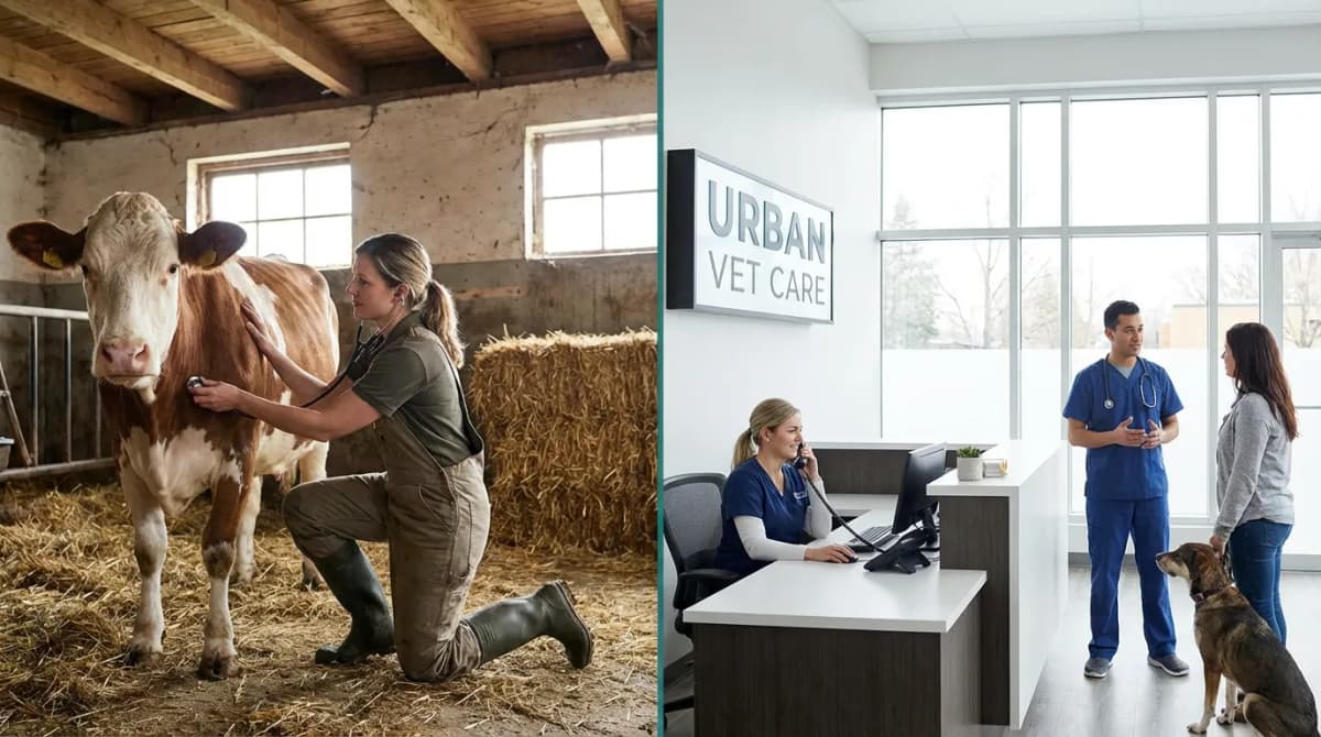 Écran partagé entre un vétérinaire en exploitation rurale et un cabinet urbain moderne avec le même téléphone qui sonne