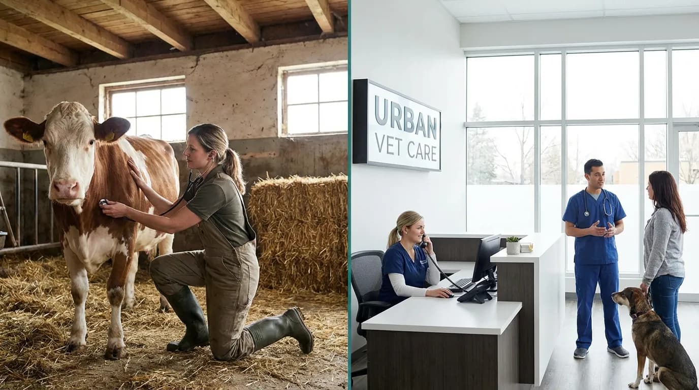 Écran partagé entre un vétérinaire en exploitation rurale et un cabinet urbain moderne avec le même téléphone qui sonne