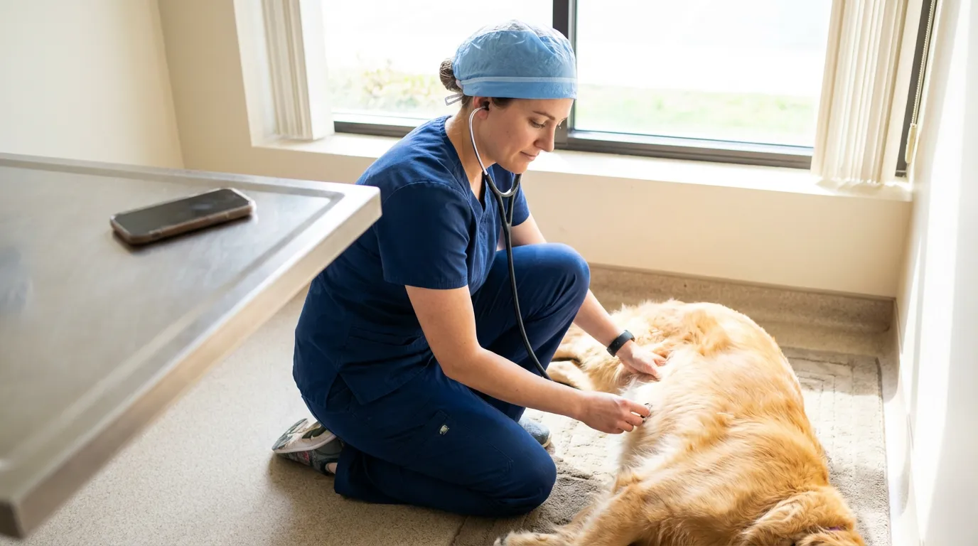 Vétérinaire concentré sur un examen clinique sans être interrompu par le téléphone