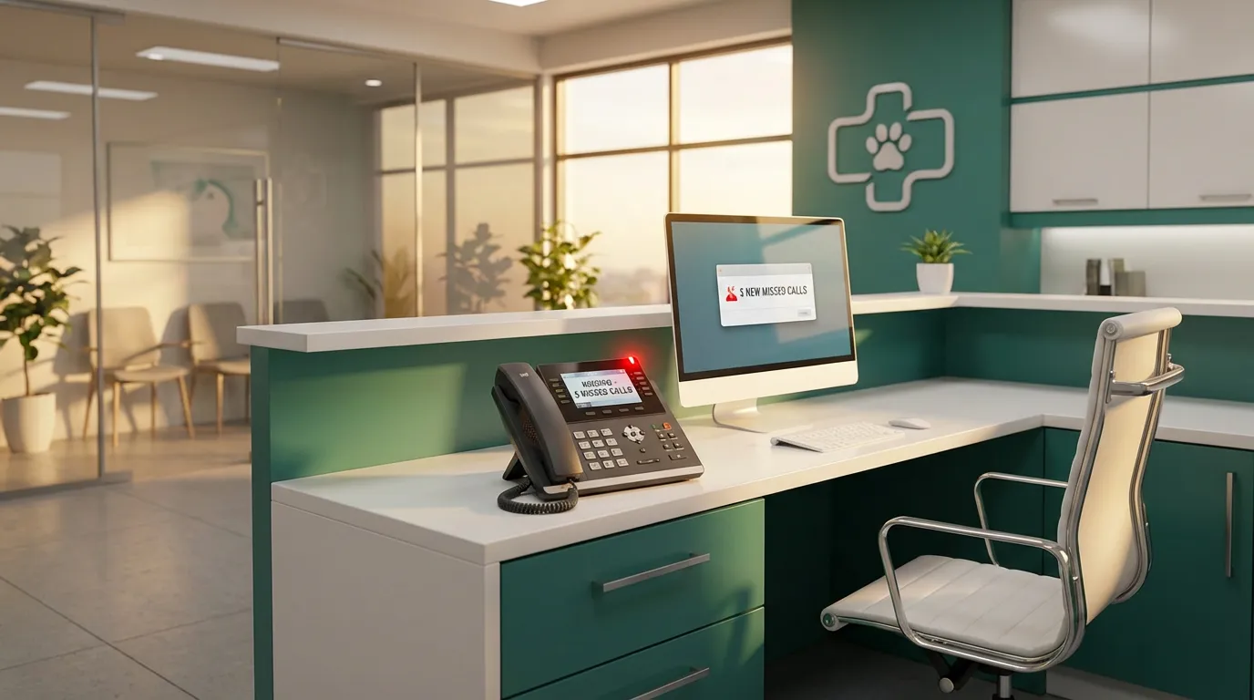Réception d'un cabinet vétérinaire vide avec un téléphone qui sonne et 5 appels manqués sur l'écran