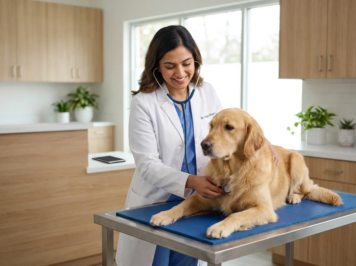 Vétérinaire sereine examinant un chien dans une clinique moderne, sans être interrompue par le téléphone