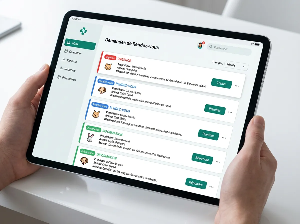 Inbox triée sur tablette : urgences, rendez-vous et informations classés automatiquement par priorité