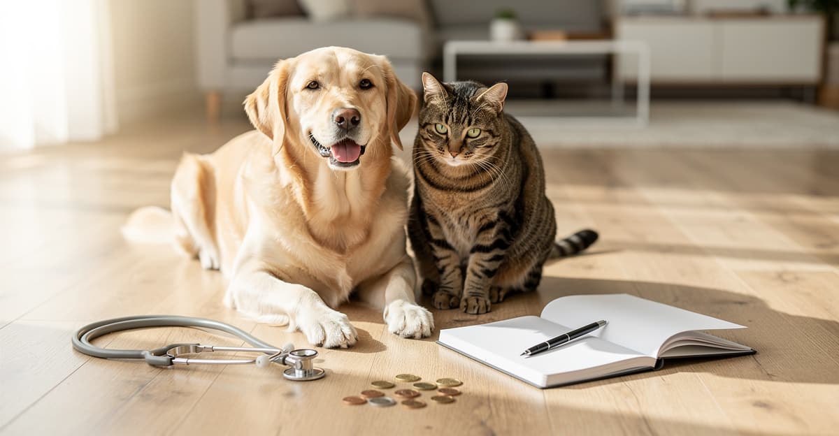 Un chien et un chat assis près d'un carnet de budget vétérinaire annuel et d'un stéthoscope sur parquet clair