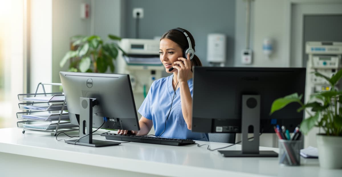 ASV en communication urgence vétérinaire téléphone depuis l'accueil lumineux d'une clinique moderne