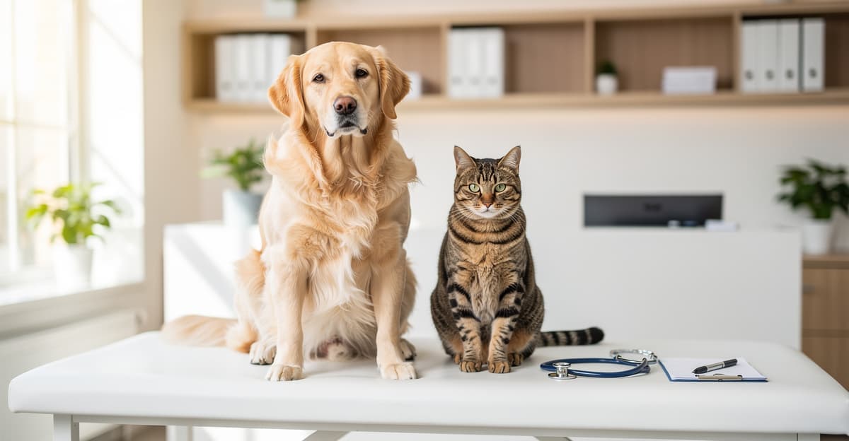Chien et chat sur une table d'examen vétérinaire, illustration du guide sur la consultation vétérinaire prix 2026