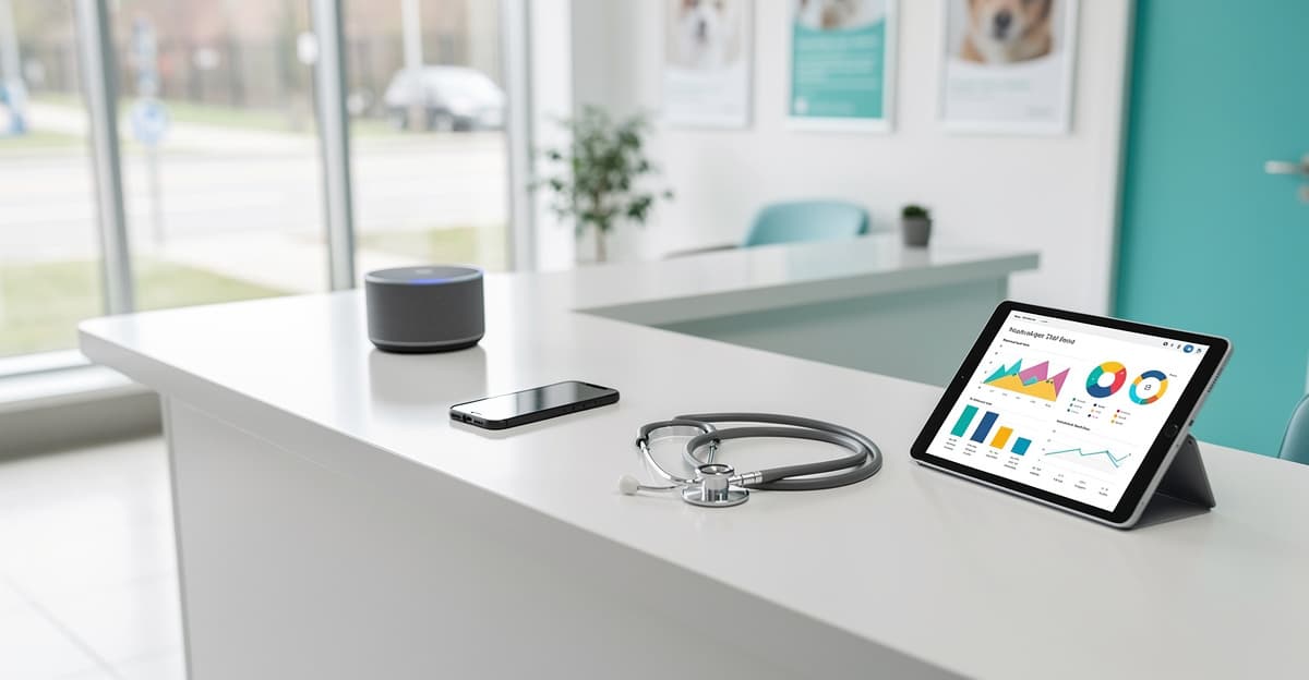 Bureau d'accueil d'une clinique vétérinaire moderne avec assistant vocal et tableau de bord de coût IA vocale vétérinaire