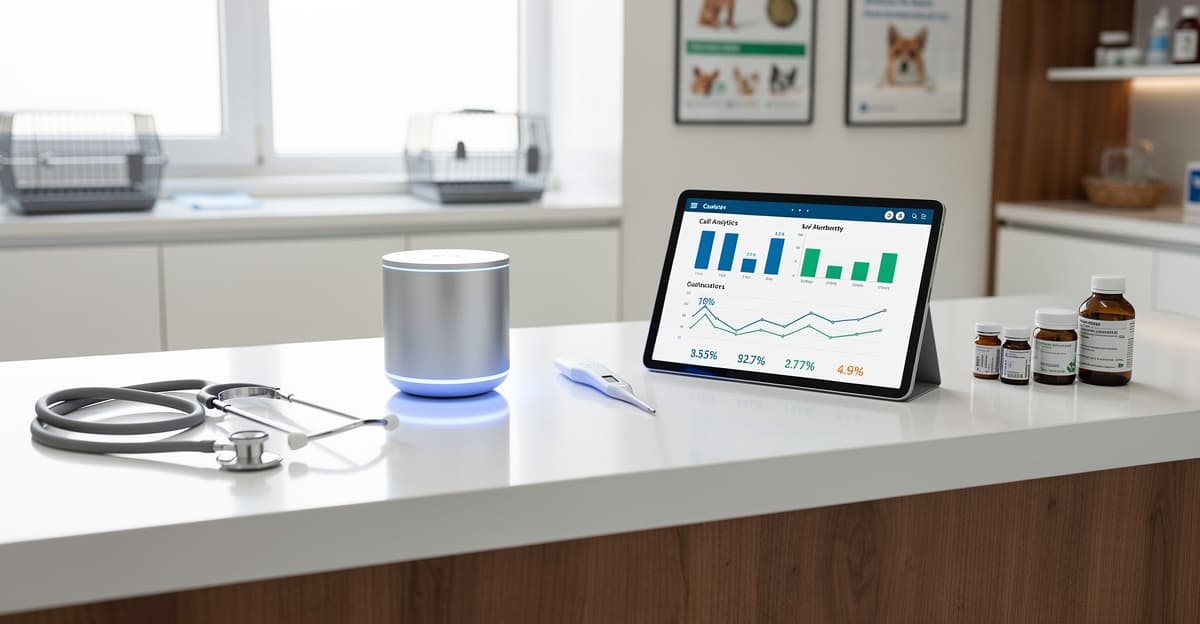 Études de cas IA vocale vétérinaire : tableau de bord d'analyse d'appels dans une clinique moderne
