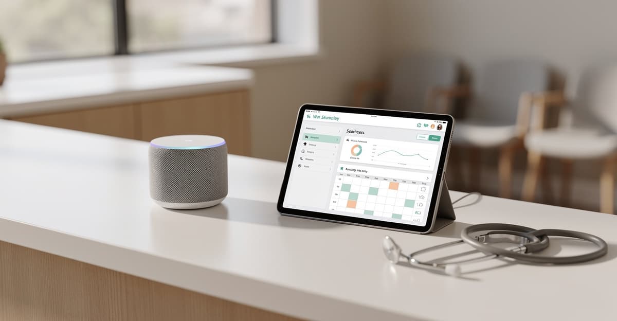 Intégration IA vocale vétérinaire : assistant vocal connecté à un logiciel de gestion sur tablette dans un cabinet moderne