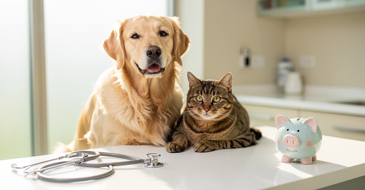 Chien et chat chez le vétérinaire avec tirelire symbolisant la mutuelle vétérinaire rentable