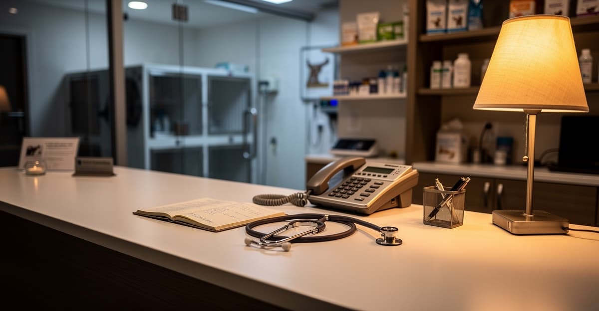 Bureau de réception d'une clinique vétérinaire la nuit avec téléphone et stéthoscope, illustrant la permanence téléphonique vétérinaire