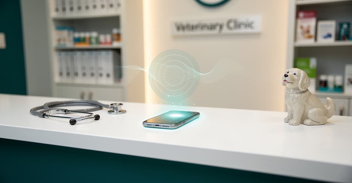 Interface IA vocale sur smartphone posée sur un accueil de clinique vétérinaire moderne pour la prise de rendez-vous