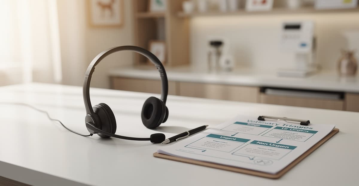 Script téléphonique ASV affiché sur un bureau de réception vétérinaire avec casque et fiche de triage