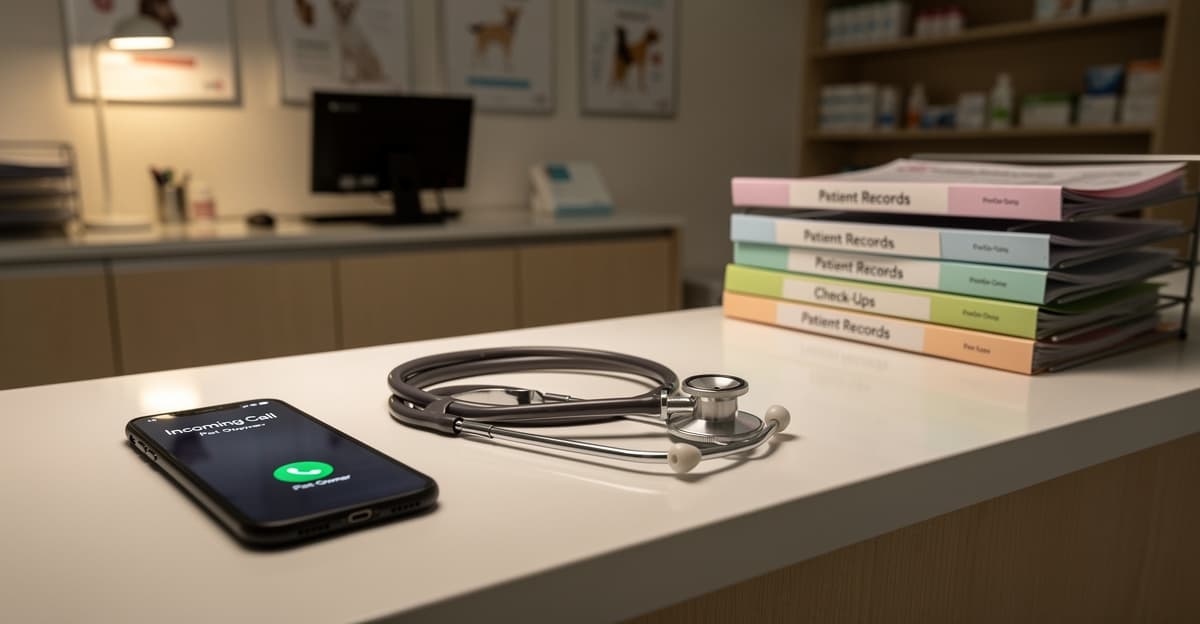 Standard téléphonique vétérinaire urgence : bureau de clinique vétérinaire la nuit avec téléphone affichant un appel entrant