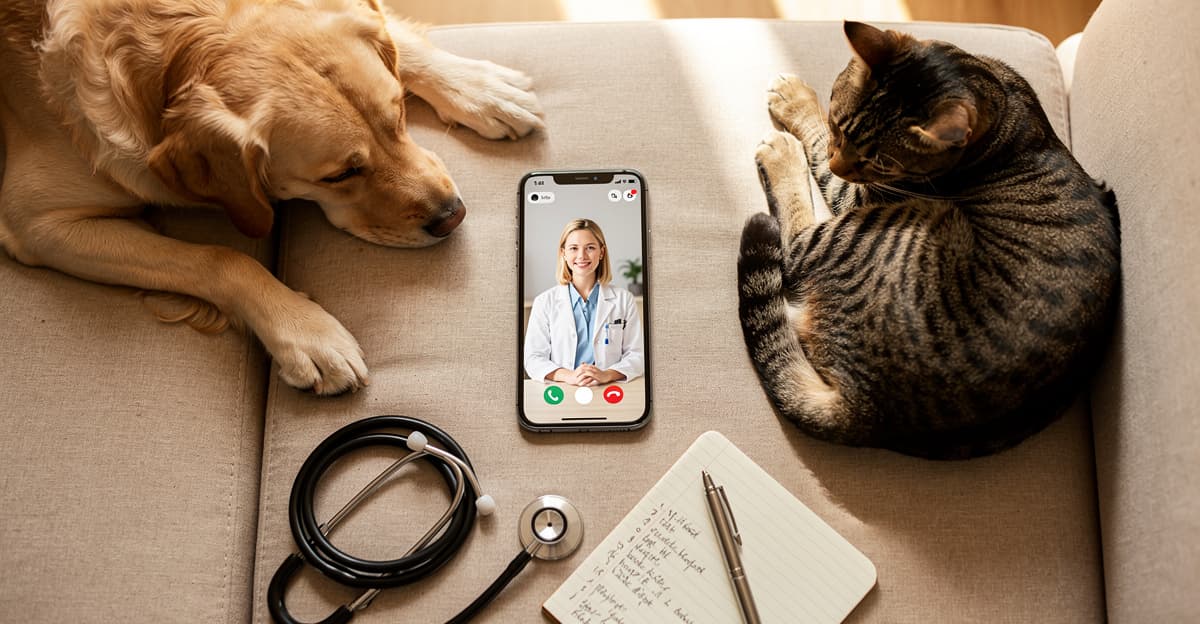 Téléconsultation vétérinaire prix : smartphone affichant un appel vidéo avec un vétérinaire, chien et chat détendus à côté