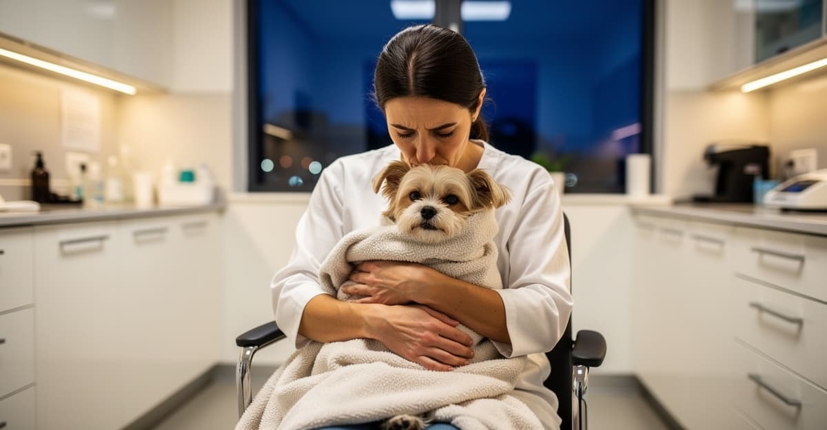 Propriétaire inquiet tenant son chien la nuit dans une clinique vétérinaire d'urgence — urgence vétérinaire tarifs