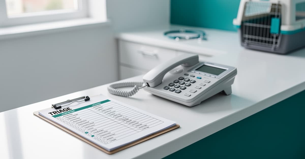 Poste de réception vétérinaire avec téléphone et fiche de triage pour gérer une urgence vétérinaire par téléphone